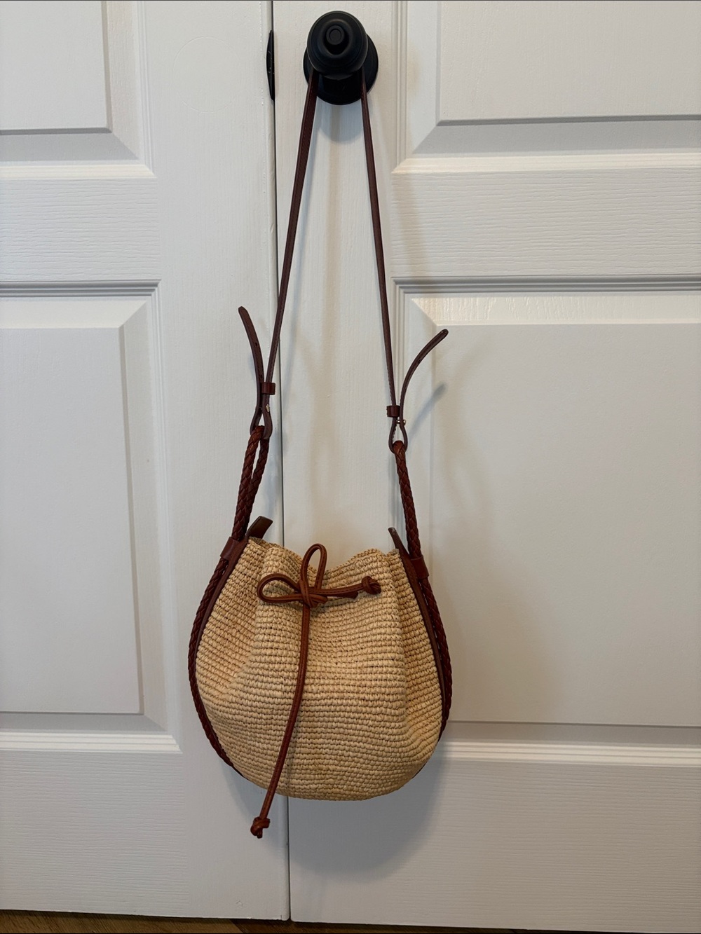 Sezane Farrow Braided Straw Bucket Crossbody Bag in Natural and Brown